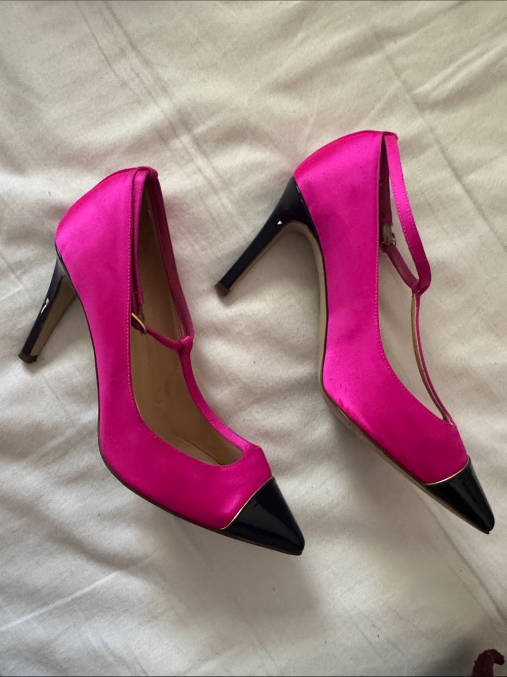 J. Crew Hot Pink T-Strap Pointed-Toe Pumps with Black Cap Toe